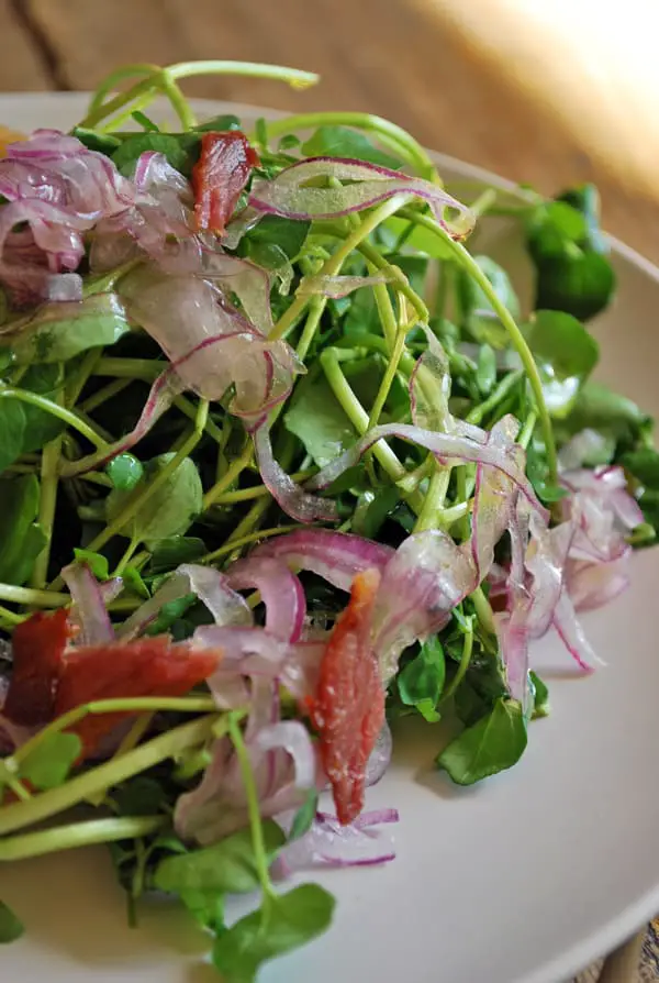 Esta ensalada de berros es una de mis preferidas, su sabor ligeramente picante combina de maravilla con el tocino. Es súper fácil de hacer, hay pocos pasos a seguir, tan solo hay que tratar a cada ingrediente de la manera correcta para sacarle sus mejores virtudes y al final la recompensa es deliciosa, un clásico que no se pueden perder.