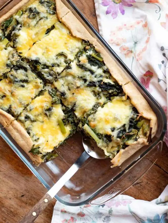 swiss chard quiche in a baking dish