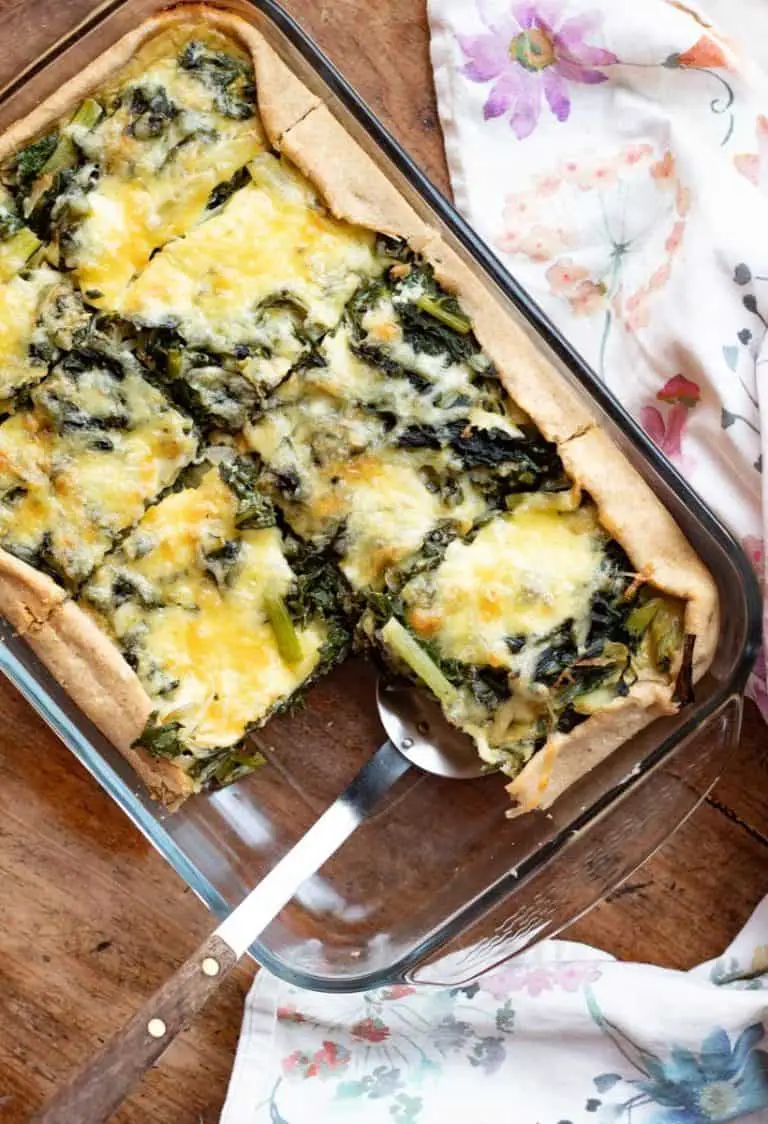 swiss chard quiche in a baking dish