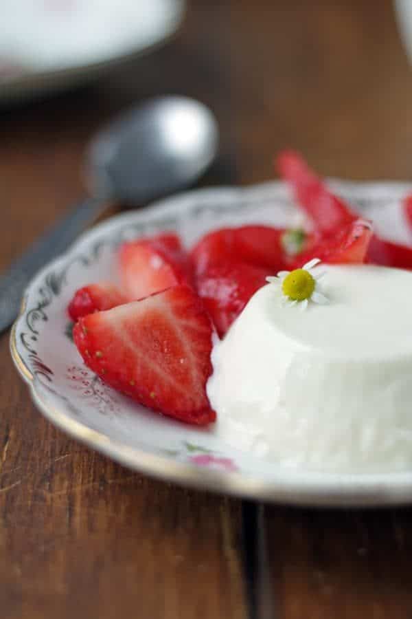 panna cotta de manzanilla servida en plato con fresas