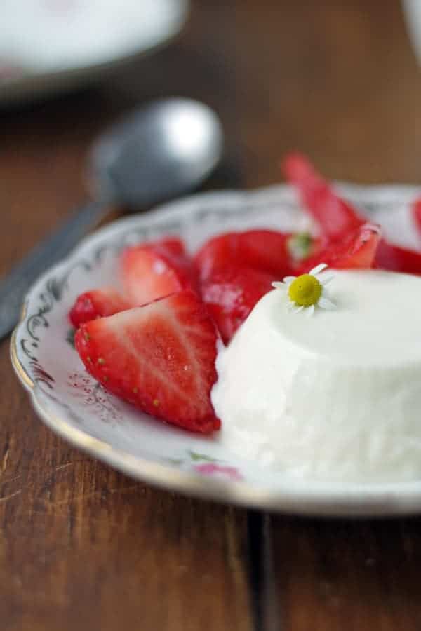 panna cotta de manzanilla servida en plato con fresas 