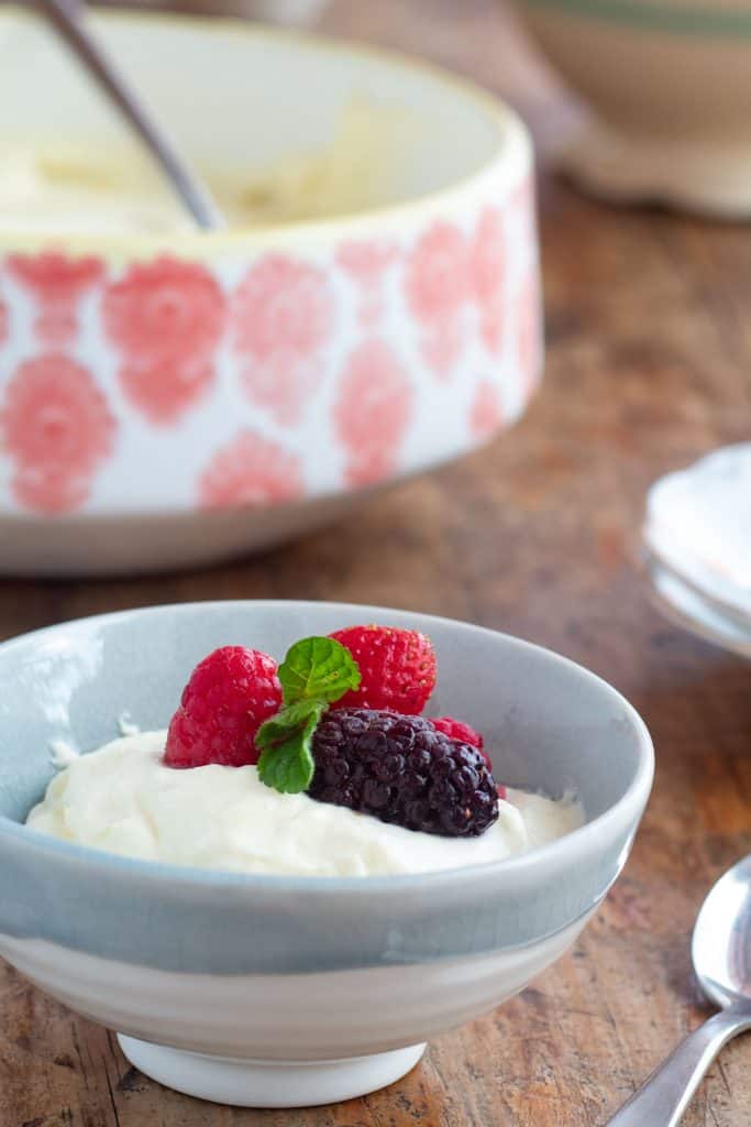 Mousse de limón servido en un plato con frutos rojos por encima y unas hojas de menta 