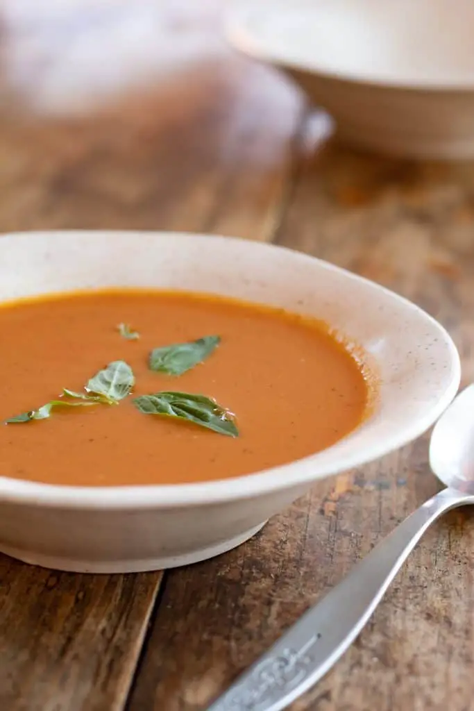 sopa de tomate servida en un plato hondo