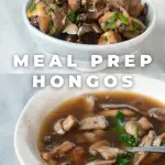 un plato con hongos a la porvenzal y un plato con caldo de hongos. Letras que dicen Meal prep hongos.