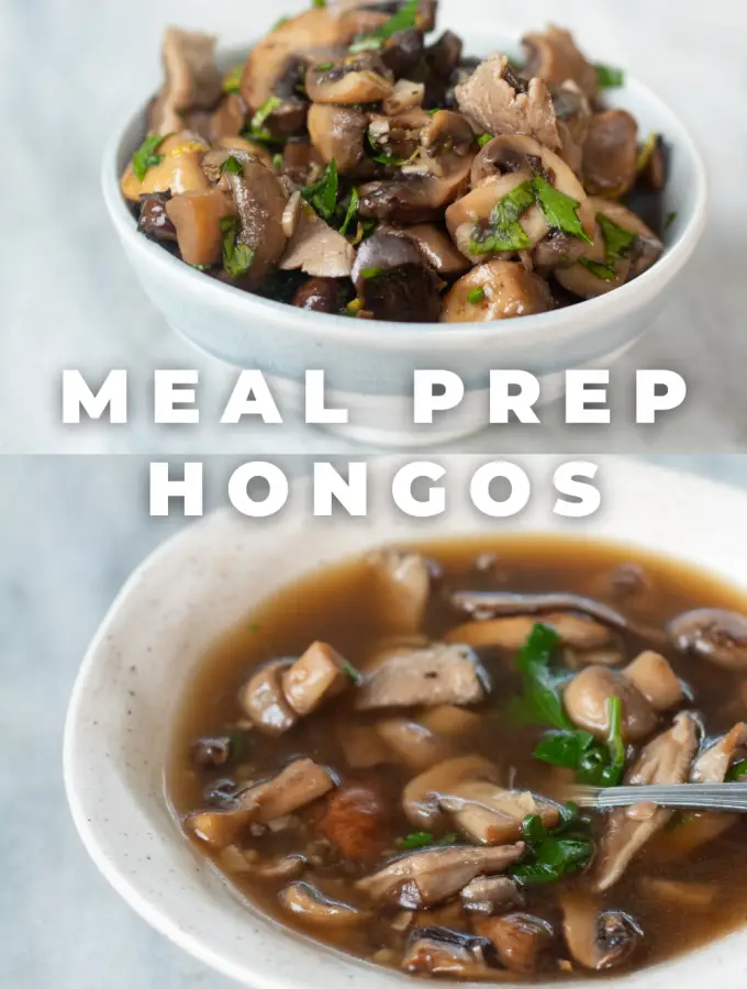 un plato con hongos a la porvenzal y un plato con caldo de hongos. Letras que dicen Meal prep hongos.